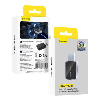 Blavec Adapter Carplay Android Auto bezprzewodowy BCP-02 - Bluetooth Wifi USB + adapter Typ C (CPAABCP02-BWUB) czarny (uszkodzone opakowanie)