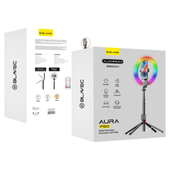 Blavec Lampa pierścieniowa Selfie Aluminium Aura LED RGB Ring P-50 25cm tripod + pilot + 2,3 metra (RLP50-TRB23) czarny (uszkodzone opakowanie)