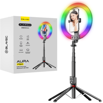 Blavec Lampa pierścieniowa Selfie Aluminium Aura LED RGB Ring P-50 25cm tripod + pilot + 2,3 metra (RLP50-TRB23) czarny (uszkodzone opakowanie)