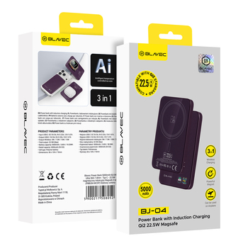 Blavec Power Bank 5000mAh BJ-04 Ultra Slim 7,8mm - Typ C - 22,5W magnetyczny indukcyjny Magsafe 3 w 1 (PBBJ04-MC5P) fioletowy szklany