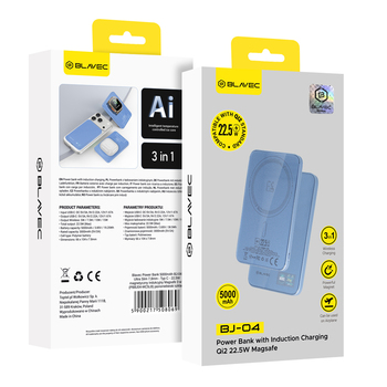 Blavec Power Bank 5000mAh BJ-04 Ultra Slim 7,8mm - Typ C - 22,5W magnetyczny indukcyjny Magsafe 3 w 1 (PBBJ04-MC5LB) jasnoniebieski szklany