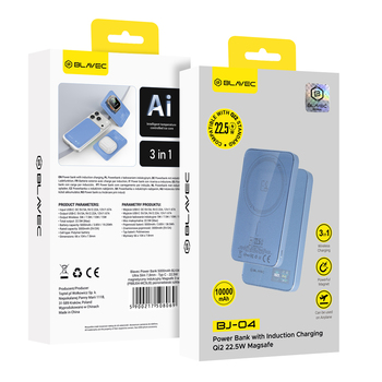 Blavec Power Bank 10000mAh BJ-04 Slim 13,5mm - Typ C - 22,5W magnetyczny indukcyjny Magsafe 3 w 1 (PBBJ04-MC10LB) jasnoniebieski szklany