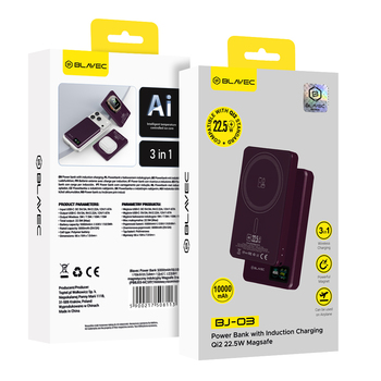 Blavec Power Bank 10000mAh BJ-03 Slim 13,5mm - Typ C - 22,5W magnetyczny indukcyjny Magsafe 3 w 1 (PBBJ03-MC10P) fioletowy aluminium
