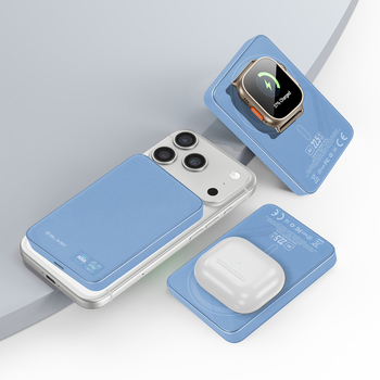 Blavec Power Bank 10000mAh BJ-04 Slim 13,5mm - Typ C - 22,5W magnetyczny indukcyjny Magsafe 3 w 1 (PBBJ04-MC10LB) jasnoniebieski szklany