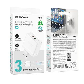 Borofone Wall charger BN11 Imperial - USB + 2xType C - QC 3.0 PD 100W with Type C to Type C cable white (damaged packaging)