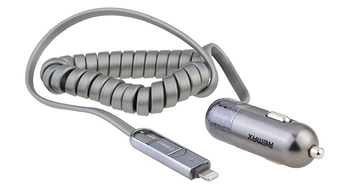 REMAX Car Charger RCC-103 Finchy - USB - 3,4A with Lightning + MicroUSB cable silver