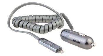 REMAX Ładowarka Samochodowa RCC-103 Finchy - USB - 3,4A z kablem Lightning + Micro USB srebrna