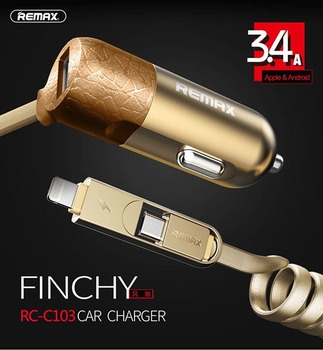 REMAX Ładowarka Samochodowa RCC-103 Finchy - USB - 3,4A z kablem Lightning + Micro USB srebrna