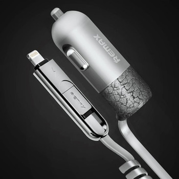 REMAX Car Charger RCC-103 Finchy - USB - 3,4A with Lightning + MicroUSB cable silver