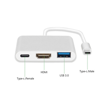 Adapter - Typ C na HDMI 4K*2K, USB, Typ C - metalowy 0,25 metra biały
