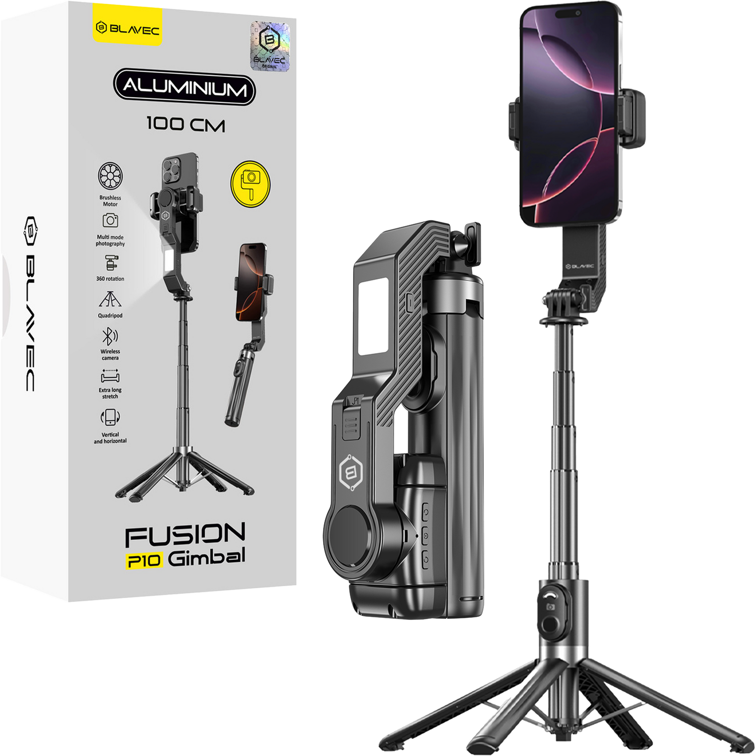 Blavec Selfie Stick Aluminium Fusion P-10 Gimbal tripod + remote control 1 metre (SSFP10G-TRB10) , barva černá