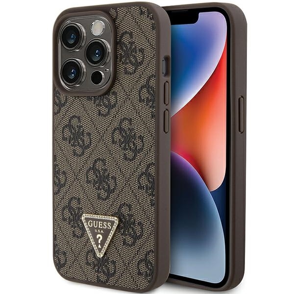 Originální kryt GUESS hardcase Leather 4G Triangle Strass GUHCP15LP4TDPW for Apple iPhone 15 Pro Brown