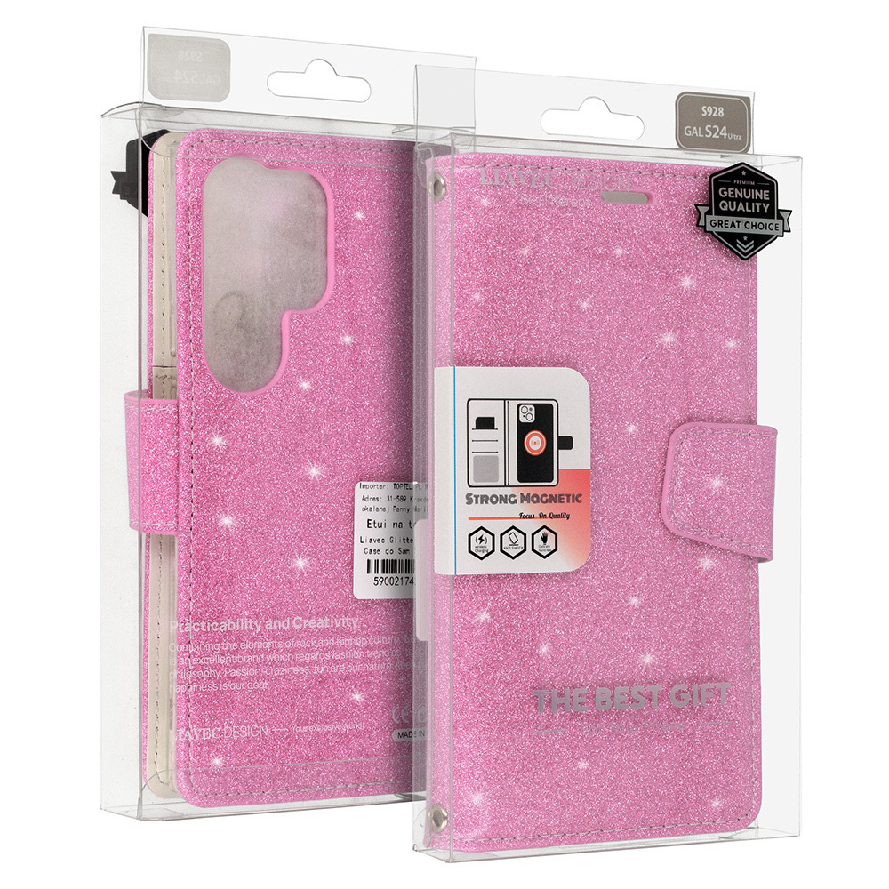 Knížkové pouzdro 2v1 Liavec Glitter Magsafe pro Samsung Galaxy S22 , barva růžová