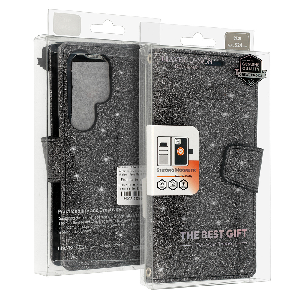 Knížkové pouzdro 2v1 Liavec Glitter Magsafe pro Samsung Galaxy S22 Ultra , barva černá