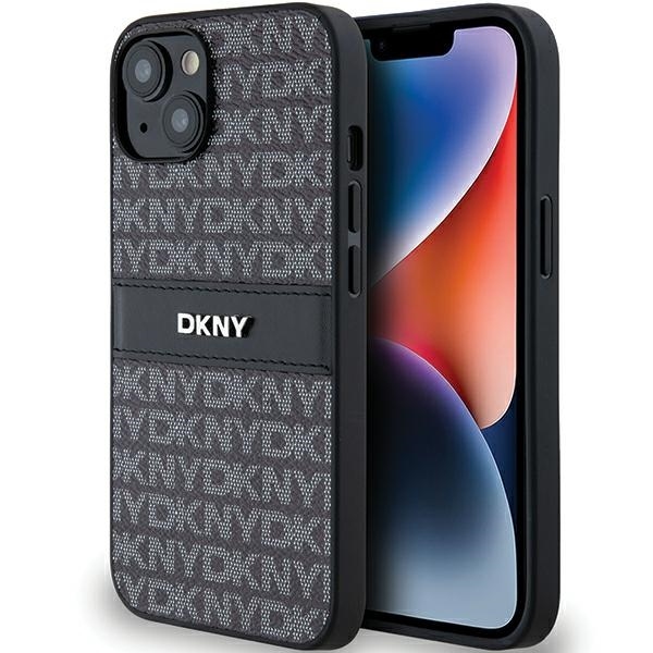 Originální kryt DKNY Leather Mono Stripe & Metal Logo DKHCP14SPRTHSLK for Apple iPhone 14/15/13 , barva černá