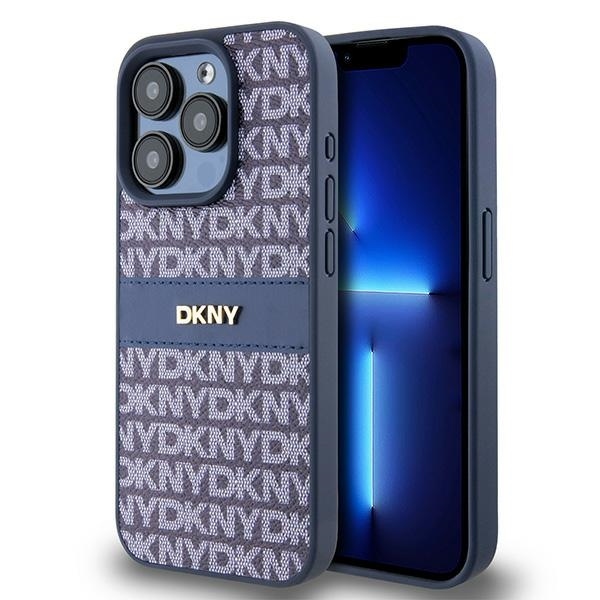 Originální kryt DKNY Leather Mono Stripe & Metal Logo DKHCP15LPRTHSLB for Apple iPhone 15 Pro , barva modrá