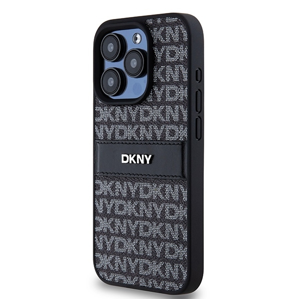 Originální kryt DKNY Leather Mono Stripe & Metal Logo DKHCP15LPRTHSLK for Apple iPhone 15 Pro , barva černá