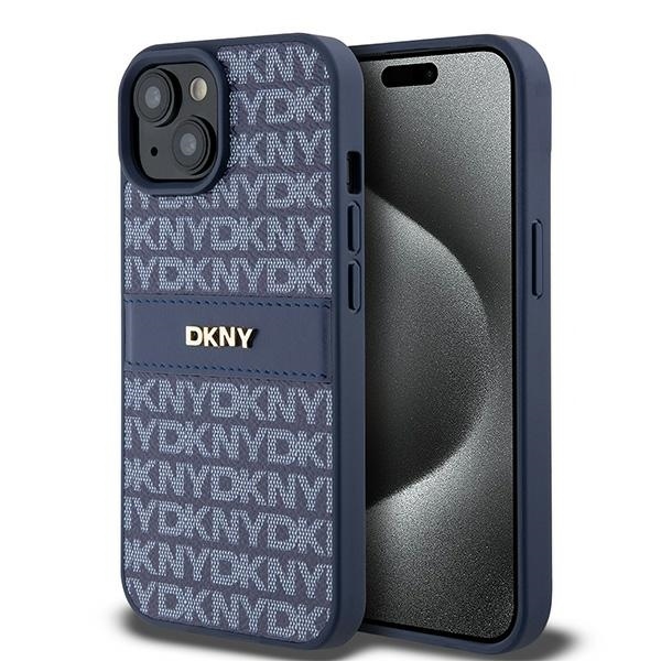 Originální kryt DKNY Leather Mono Stripe & Metal Logo DKHCP15SPRTHSLB for Apple iPhone 15/14/13 , barva modrá
