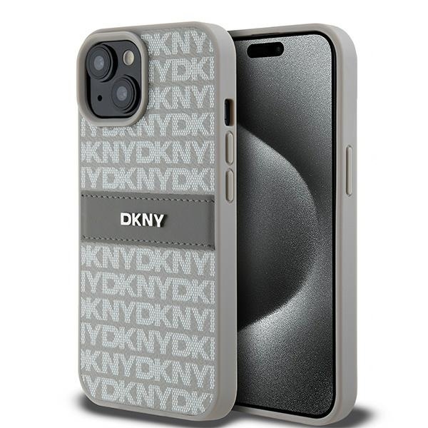 Originální kryt DKNY Leather Mono Stripe & Metal Logo DKHCP15SPRTHSLE for Apple iPhone 15/14/13 beige