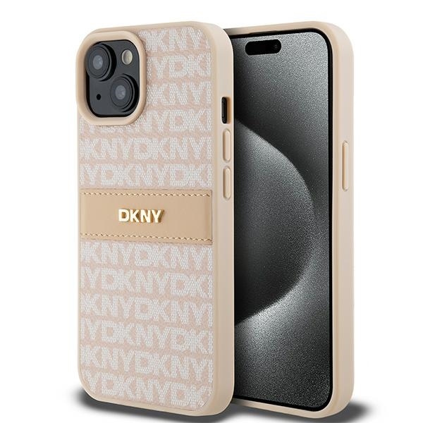 Originální kryt DKNY Leather Mono Stripe & Metal Logo DKHCP15SPRTHSLP for Apple iPhone 15/14/13 , barva růžová