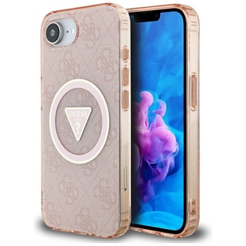 Oryginalne Etui GUESS IML Metal Glitter 4G Circle Triangle MagSafe do Iphone 17e/16e różowy