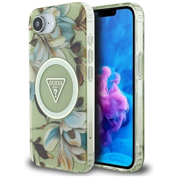 Oryginalne Etui GUESS IML Metal Glitter Flowers Triangle MagSafe do Iphone 17e/16e zielony