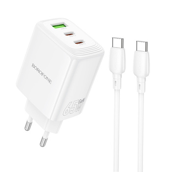 Borofone Ładowarka sieciowa BN32 Cargador GaN - USB + 2xTyp C - QC 3.0 PD 65W z kablem Typ C na Typ C biała