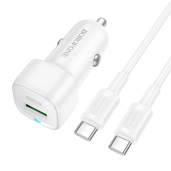 Borofone Ładowarka samochodowa BZ34B Cloud - USB + Typ C - QC 3.0 PD 38W z kablem Typ C na Typ C biała