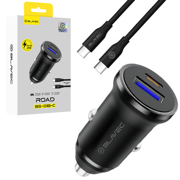 Blavec Ładowarka samochodowa BS-01B-C Road - USB + Typ C - QC 3.0 18W PD 20W z kablem Typ C na Typ C (CCBS01BCR-UCB) czarna