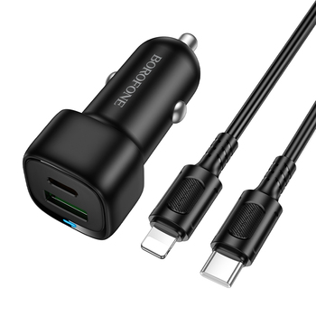 Borofone Ładowarka samochodowa BZ34B Cloud - USB + Typ C - QC 3.0 PD 38W z kablem Typ C na Lightning czarna
