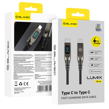 Blavec Kabel Lumix pleciony - Typ C na Typ C - PD 240W 5A wyświetlacz LED 1,2 metra Apple CarPlay/Android Auto (CLU-CC5BG12) czarno-szary