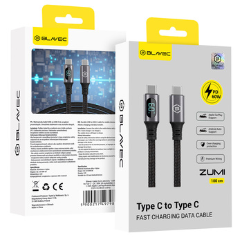 Blavec Kabel Zumi pleciony - Typ C na Typ C - PD 60W 3A wyświetlacz LCD 1 metr Apple CarPlay/Android Auto (CZU-CC3B10) czarny