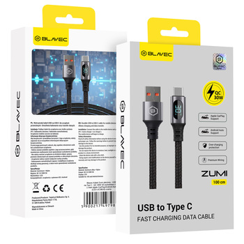 Blavec Kabel Zumi pleciony - USB na Typ C - QC 30W 3A wyświetlacz LCD 1 metr Apple CarPlay/Android Auto (CZU-UC3B10) czarny