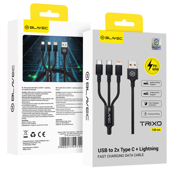 Blavec Kabel Trixo pleciony - USB na 2xTyp C + Lightning - QC 18W PD60W 3A 1,3 metra (CTR-U2CL3B13) czarny