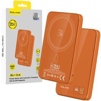 Blavec Power Bank 5000mAh BJ-04 Ultra Slim 7,8mm - Typ C - 22,5W magnetyczny indukcyjny Magsafe 3 w 1 (PBBJ04-MC5O) pomarańczowy szklany