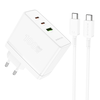 Borofone Wall charger BN11 Imperial - USB + 2xType C - QC 3.0 PD 100W with Type C to Type C cable white (damaged packaging)