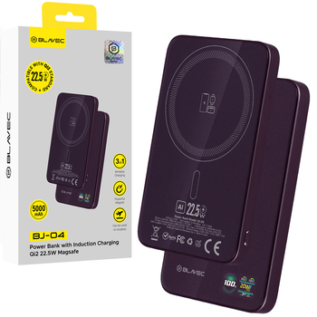 Blavec Power Bank 5000mAh BJ-04 Ultra Slim 7,8mm - Typ C - 22,5W magnetyczny indukcyjny Magsafe 3 w 1 (PBBJ04-MC5P) fioletowy szklany