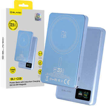 Blavec Power Bank 10000mAh BJ-03 Slim 13,5mm - Typ C - 22,5W magnetyczny indukcyjny Magsafe 3 w 1 (PBBJ03-MC10LB) jasnoniebieski aluminium