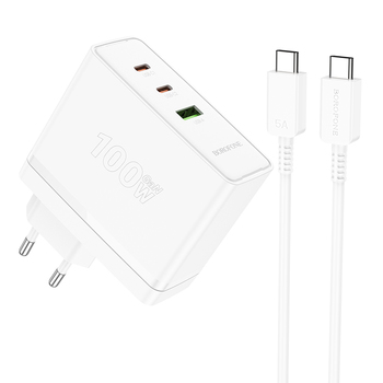 Borofone Ładowarka sieciowa BN11 Imperial - USB + 2xTyp C - QC 3.0 PD 100W z kablem Typ C na Typ C biała