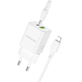 Borofone Ładowarka sieciowa BN14 Royal GaN - USB + Typ C - QC 3.0 PD 30W z kablem Typ C na Lightning biała