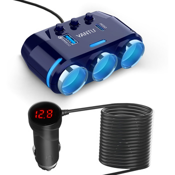 Rozdzielacz gniazda zapalniczki B39-C - 3 gniazda + USB + Typ C - QC 3.0 PD 3A 120W z wyświetlaczem i kablem