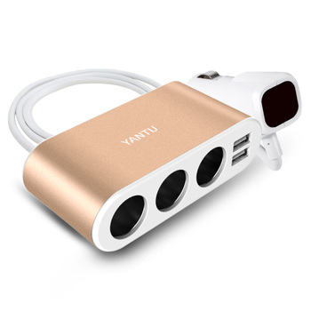 Rozdzielacz gniazda zapalniczki B08 - 3 gniazda + 2xUSB - 3,1A 120W z wyświetlaczem i kablem złoty