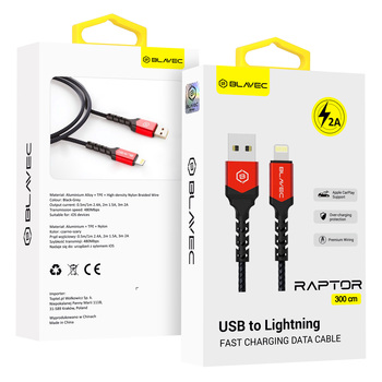 Blavec Kabel Raptor pleciony - USB na Lightning - 2A 3 metry Apple CarPlay (CRA-UL2BR30) czarno-czerwony