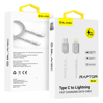 Blavec Cable Raptor braided - Type C to Lightning - PD 20W 2,4A 0,5 metres Apple CarPlay (CRA-CL24WS05) white-silver