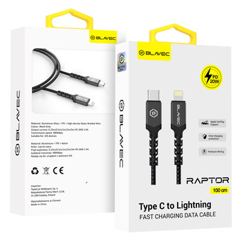 Blavec Kabel Raptor pleciony - Typ C na Lightning - PD 20W 2,4A 1 metr Apple CarPlay (CRA-CL24BG10) czarno-szary