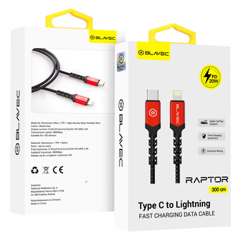 Blavec Cable Raptor braided - Type C to Lightning - PD 20W 2,4A 3 metres Apple CarPlay (CRA-CL24BR30) black-red