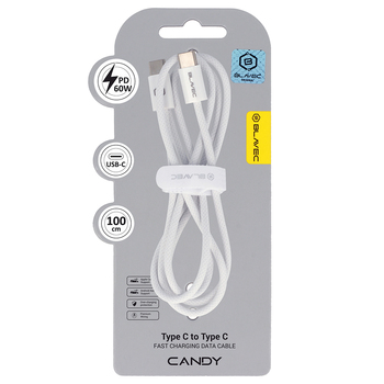 Blavec Kabel Candy oplot - Typ C na Typ C - PD 60W 3A 1 metr Apple CarPlay/Android Auto (CCA-CC3W10) biały
