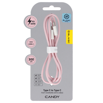 Blavec Kabel Candy oplot - Typ C na Typ C - PD 60W 3A 3 metry Apple CarPlay/Android Auto (CCA-CC3P30) różowy