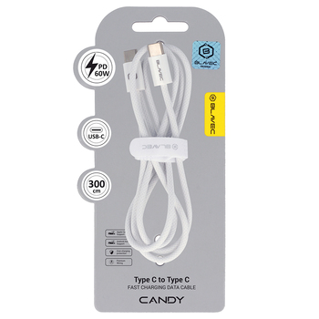 Blavec Kabel Candy oplot - Typ C na Typ C - PD 60W 3A 3 metry Apple CarPlay/Android Auto (CCA-CC3W30) biały