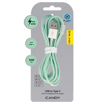Blavec Kabel Candy oplot - USB na Typ C - PD 60W 3A 3 metry Apple CarPlay/Android Auto (CCA-UC3GN30) zielony